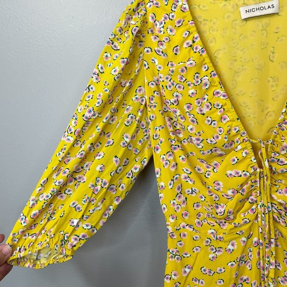 Nicholas Danni‎ Floral Dress Womens 2 Yellow Deep V-Neck Puff 3/4 Sleeve Lined - Picture 5 of 14